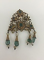 Head Ornament, Gold, topaz, green beryl, glass, pearls